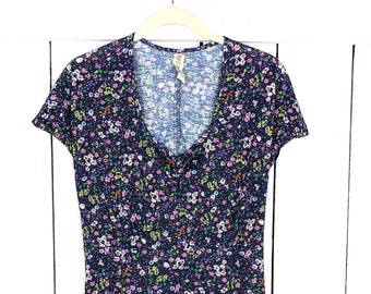 90s vintage neon pink purple floral short sleeve stretch bodycon cut out mini dress