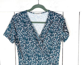 90s vintage green floral short sleeve stretch prairie dress