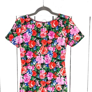 90s vintage neon pink purple floral short sleeve stretch bodycon cut out mini dress