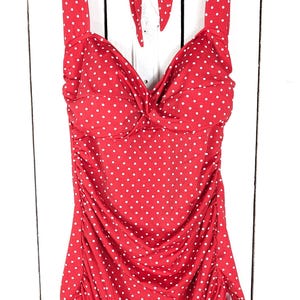Retro style red white polka dot one piece halter swimsuit