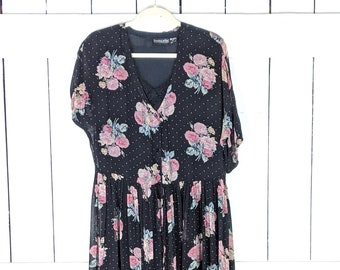 90s  black floral polka dot button down short sleeve maxi dress