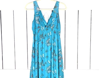 Vestido largo estilo bohemio con dobladillo asimétrico largo sin mangas con mariposa azul vintage de los años 90