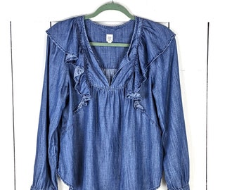 GAP blue jean long sleeve ruffle blouse top