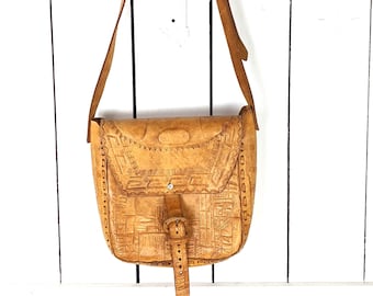 Vintage tooled embossed leather Aztec Mayan totem face shoulder crossbody purse