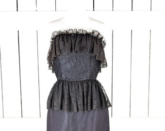 Vintage 80s black ruffle lace sequins strapless wiggle peplum dress by Jolie Madame