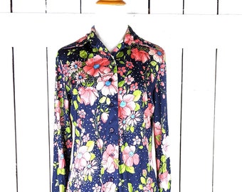 Vintage 70s blue pink floral silky lightweight long sleeve polka dot blouse