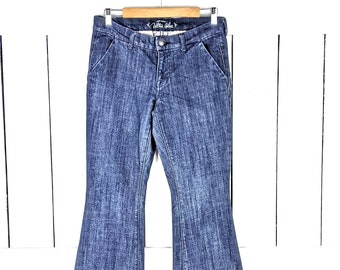 Dark blue wash stretch cuffed flare denim jeans