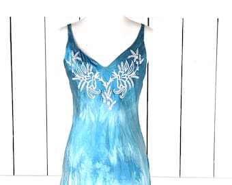 Vintage Victorias Secret blue tie dye silk floral embroidered teddy lingerie slip negligee petite