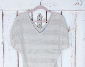 90s vintage slouchy ivory/tan brown striped cable knit short sleeve vneck sweater/dolman sleeve knit pullover sweater top