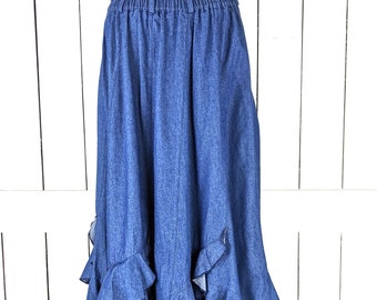 ヴィンテージブルーのフリルが流れるようなロングデニムジーンズスカート