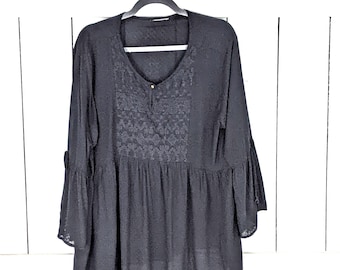 Black bell sleeve embroidered pullover boho blouse