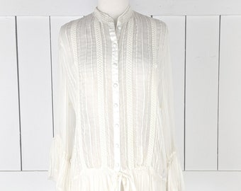 La Redoute Creation ivory sheer silk billowy sleeve crochet blouse