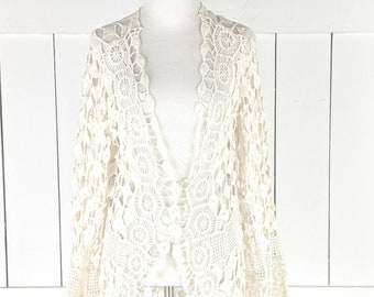 Cato beige crochet knit floral bell sleeve cardigan sweater top