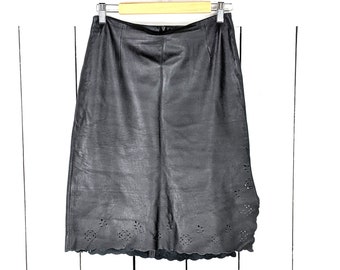 Vintage soft black leather laser cut out pencil skirt 40