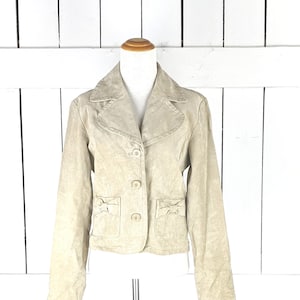 Vintage 90s beige suede leather fitted short blazer jacket