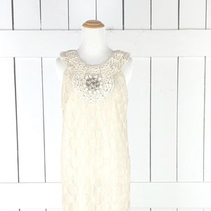 Ivory cream beaded crochet lace sheer net overlay sleeveless tunic dress