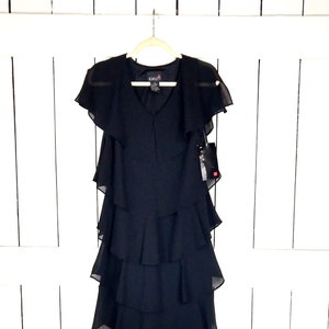 90s Scarlett black ruffle midi mid length pullover cocktail dress LBD 8
