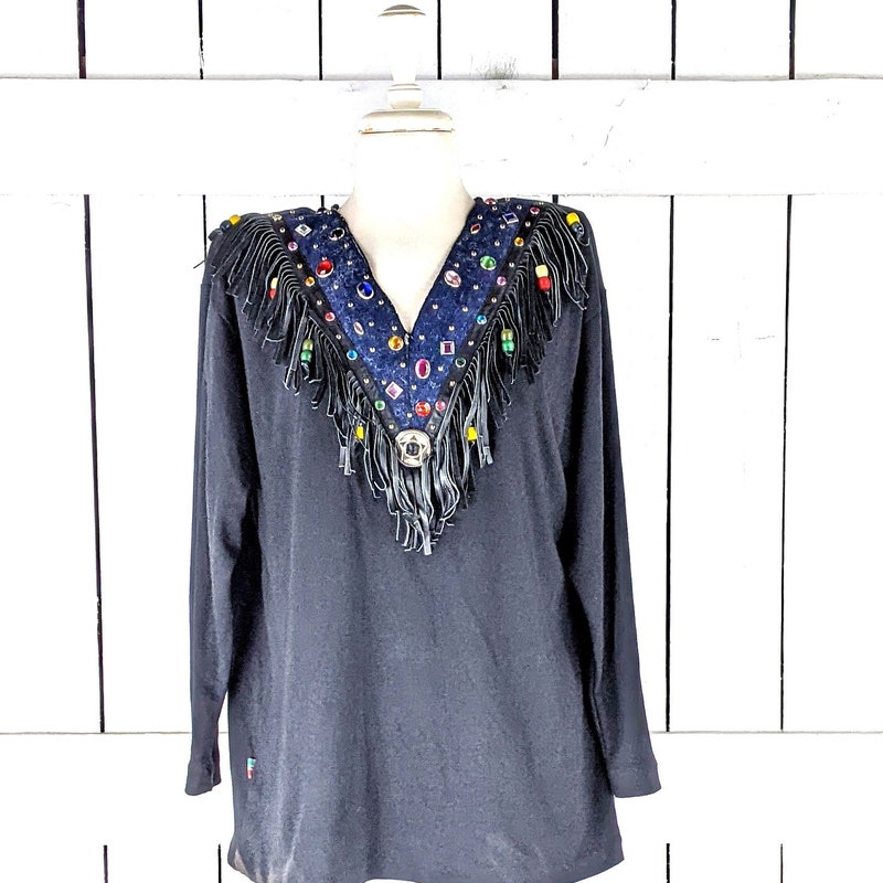 black leather stitch & fringe top