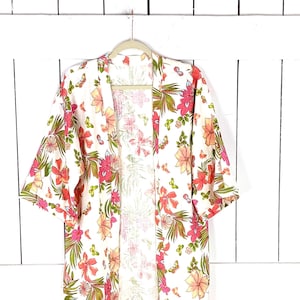 Vintage linen blend ivory pink tropical floral boxy cardigan kimono blazer jacket