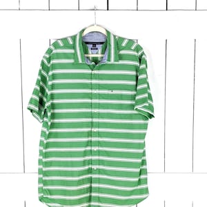 Tommy Hilfiger mens green white striped cotton short sleeve button down shirt XL