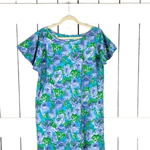 Vintage blue purple floral flutter sleeve cotton cover up sun dress