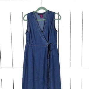 90s vintage blue cotton jean denim sleeveless long  maxi wrap dress