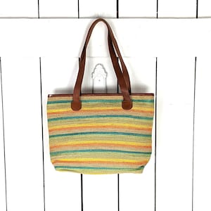 Striped straw vintage market bag leather strap purse tote bag image 1