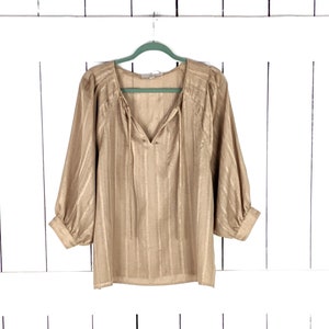 Loft Ann Taylor beige striped metallic thread billowy sleeve pullover blouse