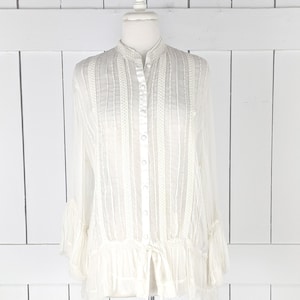 La Redoute Creation ivory sheer silk billowy sleeve crochet blouse