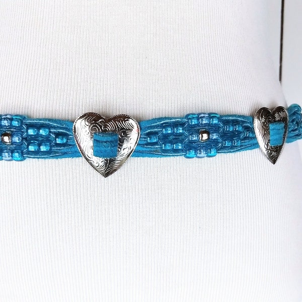 Vintage blue suede leather beaded heart concho tie belt/suede chord metal heart beaded boho festival belt