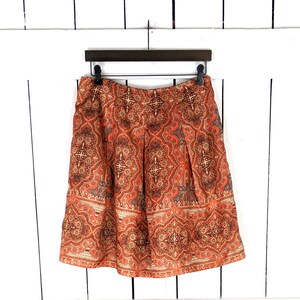 90s vintage orange paisley floral psychedelic print pleated knee length pocket skirt