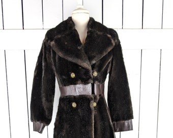 Vintage brown faux fur leather long chunky winter coat made in England