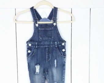 Vintage kids/childrens blue jean denim bib overalls/destroyed patch denim jean coveralls/kids 12