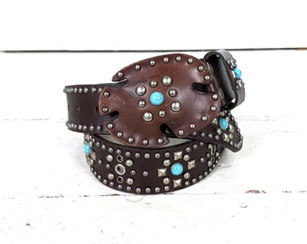 Brown silver studded faux leather western buckle belt