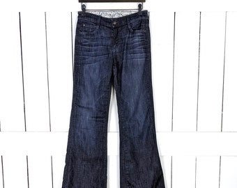 90s vintage Tag dark blue wash wide bell bottom denim flared jeans 27