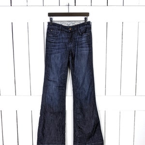 90s vintage Tag dark blue wash wide bell bottom denim flared jeans 27