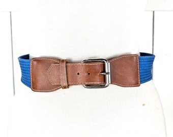 Vintage 90s wide woven blue cloth chord faux leather trim belt