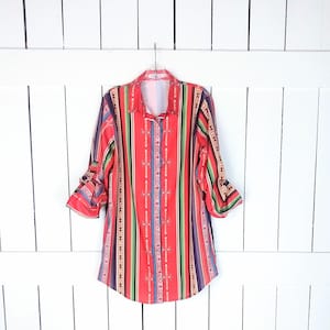 90s vintage tribal Aztec striped long sleeve tunic shirt/boho festival button down blouse/xl