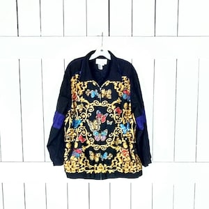 Vintage baroque butterfly silk wind breaker bomber zipper jacket