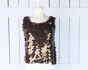 Vintage brown knit sequins beaded sleeveless shell top/knit sequin tank top