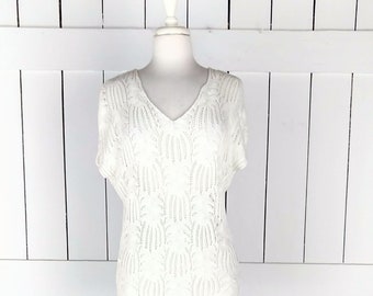 90s vintage crochet knit sheer slouchy ivory sweater top