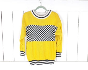 Vintage 90s Cherokee yellow black white checkered striped pullover knit sweater