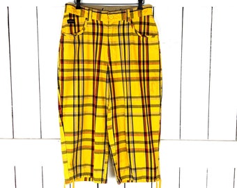 90s vintage yellow plaid wide leg cropped cotton high waisted drawstring pants