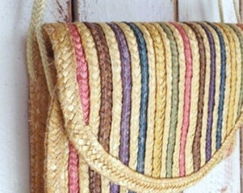 Vintage tan striped straw envelope shoulder purse/woven rattan shoulder bag/woven raffia handbag