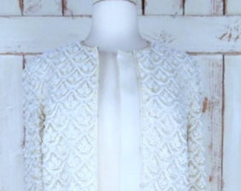 Vintage 60s light ivory/white silk beaded sequin lace cardigan evening jacket/beaded cover up cardigan blazer/bridal/wedding jacket/small/40