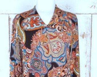 Vintage 90s brown/blue boho paisley print long sleeve stretch pullover top/long sleeve vneck hippie/festival blouse shirt/large