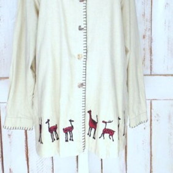 Vintage tan linen embroidered llama/deer tunic button down top/ethnic tribal woven shirt/linen shirt/large