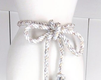 Ivory Long Braided Knotted Wooden Bead Fringe Tassel Tie 