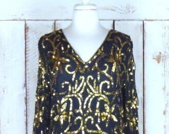 Vintage silk black gold beaded sequins long sleeve evening top