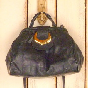 Dark blue leather vintage doctor bag shoulder purse